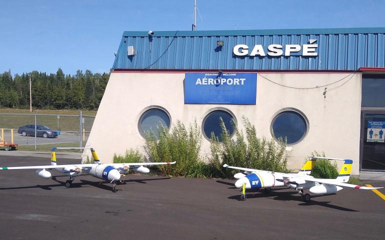 ACUASI sends its two SeaHunter aircraft to Canada, though only one flies during the whale mission. The two aircraft are shown at the Gaspé, Quebec, airport in 2020. Photo by Andrew Wentworth