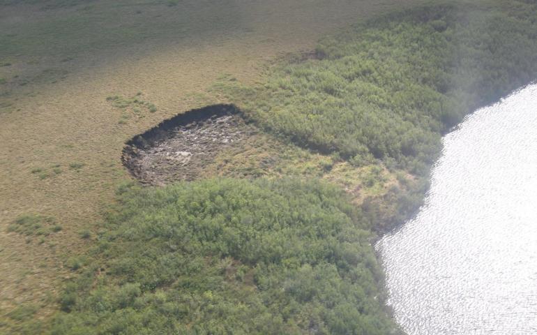 This medium-sized thaw slump in Canada’s Mackenzie River Delta is about 260 feet wide and with a headwall of about 10 to 15 feet. It formed closer to the lake, expanding upslope by many feet each summer. Photo by Simon Zwieback