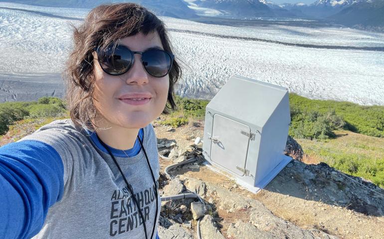 Seismologist Ezgi Karasozen of the University of Alaska Fairbanks Geophysical Institute at a seismic station. Photo courtesy of Ezgi Karasozen