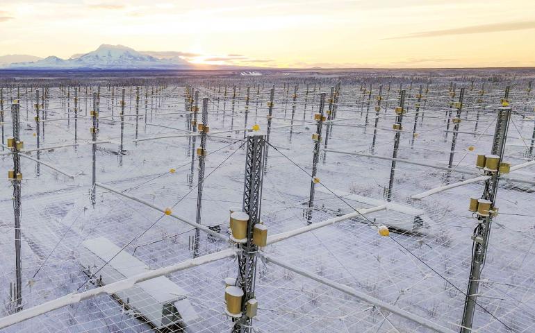 The High-frequency Active Auroral Research Program near Gakona, Alaska, includes a phased array of 180 high-frequency crossed-dipole antennas spread across 33 acres and capable of radiating 3.6 megawatts into the upper atmosphere and ionosphere. Photo courtesy of HAARP