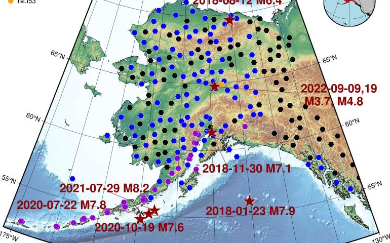 The map shows infrasound stations and earthquakes considered in this study. Not all stations operated contemporaneously, but all were active for some period between 2018 and October 2022. Image from research paper.