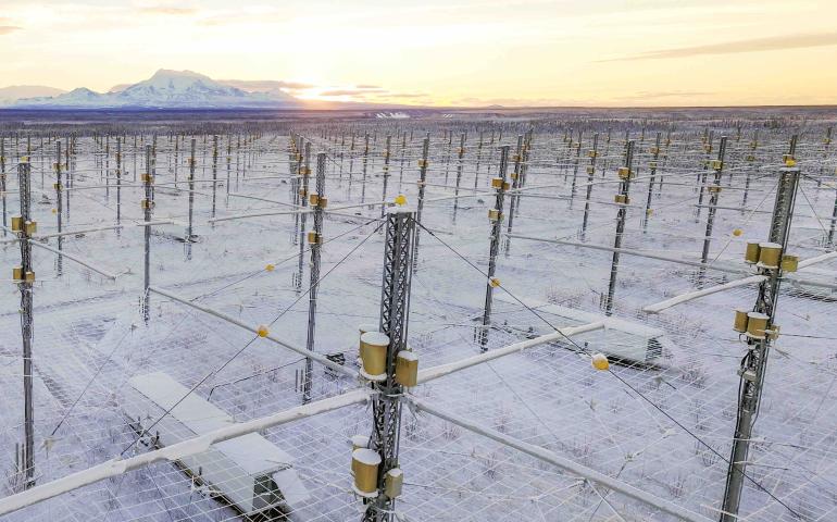 The High-frequency Active Auroral Research Program facility in early June 2022 near Gakona, Alaska. The 33-acre ionospheric research instrument helps researchers study the ionosphere. UAF/GI photo by JR Ancheta