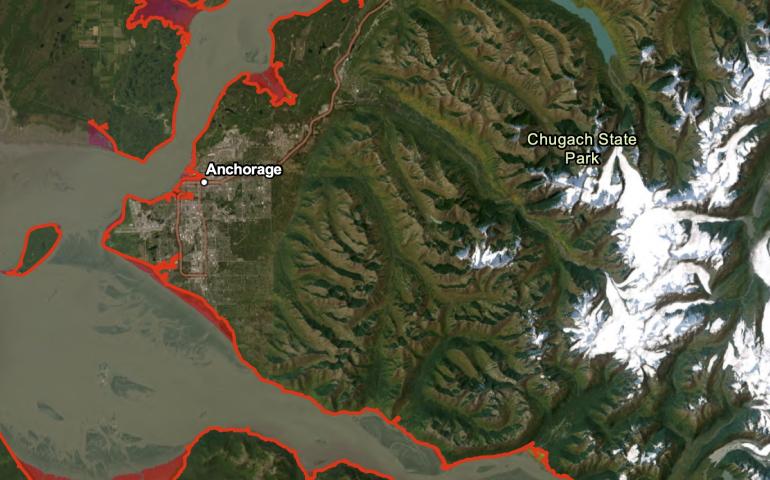 The map shows the worst-case flooding scenario for upper Cook Inlet, based on numerical modeling. Image courtesy of Elena Suleimani, Alaska Earthquake Center; Barrett Salisbury, Alaska Division of Geological & Geophysical Surveys; Dmitry Nicolsky, UAF Geophysical Institute