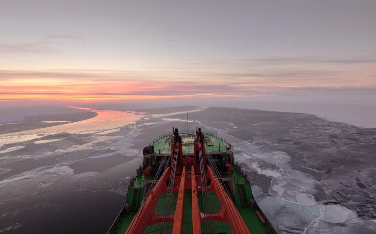 The research vessel Akademik Tryoshnikov sails in the Arctic Ocean on a 2021 science cruise in the Nansen and Amundsen Basins Observational System program. A science cruise aboard the U.S. Coast Guard icebreaker Healy began in August 2023 to research in the same area. Photo courtesy of Igor Polyakov