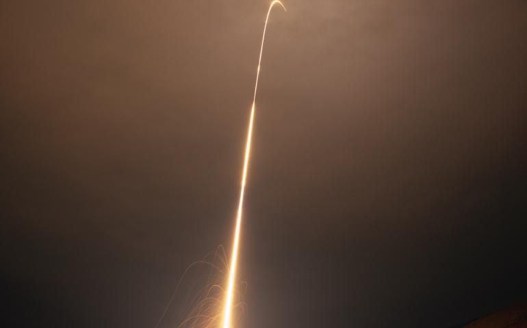 A four-stage NASA sounding rocket launches from Poker Flat Research Range on Nov. 9, 2023. The rocket was carrying instruments for the Beam-Plasma Interactions Experiment. NASA photo by Lee Wingfield.