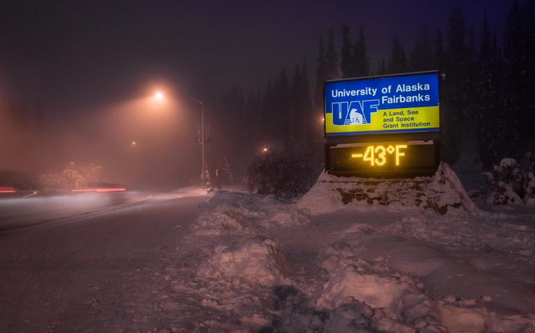 The time and temperature sign on Alumni Drive on a frigid January 2021 morning on the UAF Troth Yeddha’ campus in Fairbanks. UAF photo.