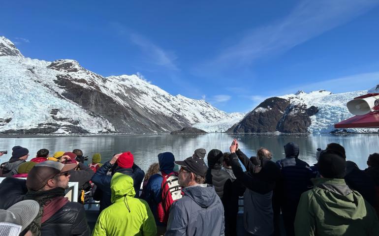 Scientists attending the Seismological Society of America annual meeting in Anchorage view the hazardous Barry Arm landslide area while on a science cruise in Prince William Sound on April 29, 2024. Photo by Rod Boyce