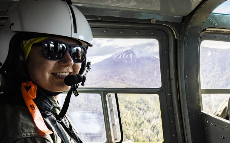 Geophysical Institute graduate student researcher Claire Puleio flies by Mount Edgecumbe. Puleio is one of the speakers in the Science for Alaska Summer Series. UAF photo by JR Ancheta 