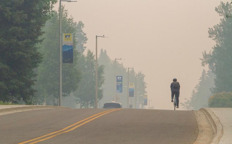 Smoke from nearby wildfires creates a haze on the University of Alaska Fairbanks Troth Yeddha’ Campus in June 2022. UAF photo by Eric Engman