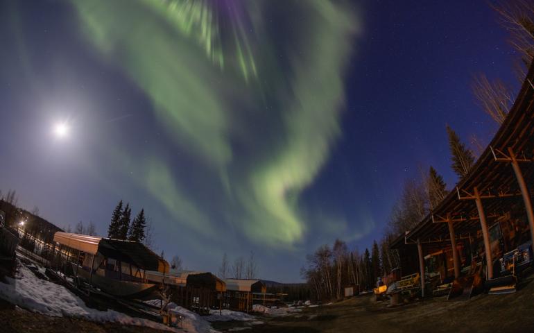 The northern lights adorn the sky over the UAF Agricultural and Forestry Experiment Station early Sunday morning, April 21, 2024. UAF photo by Eric Engman