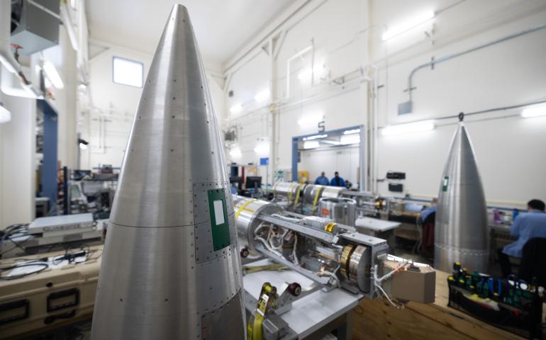 Two of three payloads being prepared to investigate three types of aurora sit inside the payload assembly area at Poker Flat Research Range on Friday, Jan. 10, 2025. Photo by Bryan Whitten
