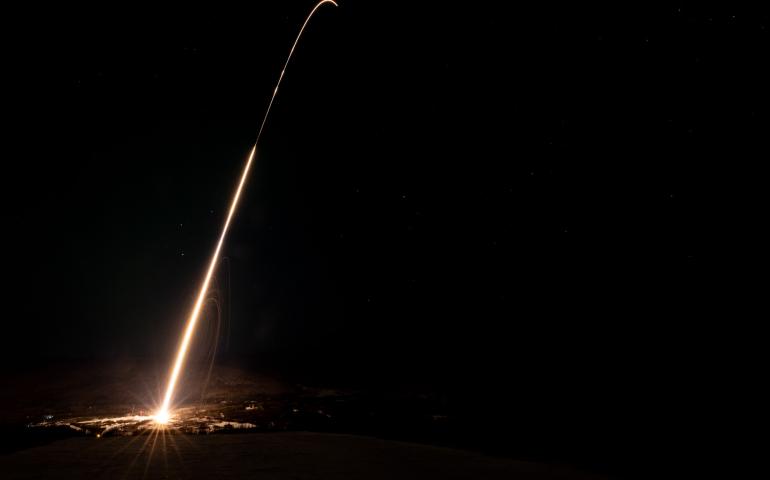 The second NASA rocket, the four-stage Black Brant XII, launches early on March 25, 2025, from Poker Flat Research Range on the second night of the AWESOME sounding rocket mission. Photo by Bryan Whitten