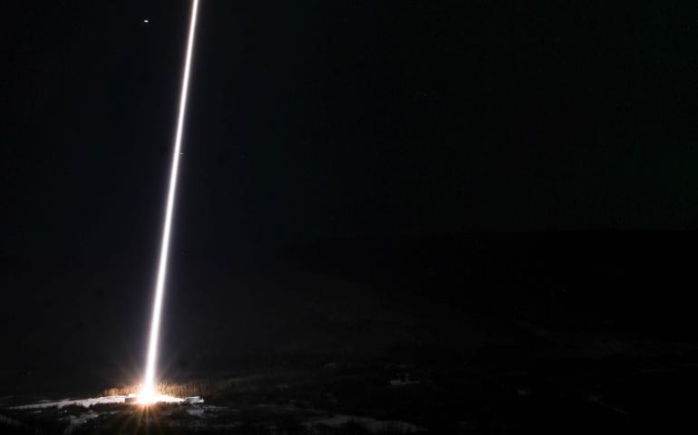 The third of three sounding rockets launches from Poker Flat Research Range at 1:33 a.m. March 29, 2025. Two other rockets in the same science mission launched from Poker Flat on March 25. UAF photo by Eric Marshall