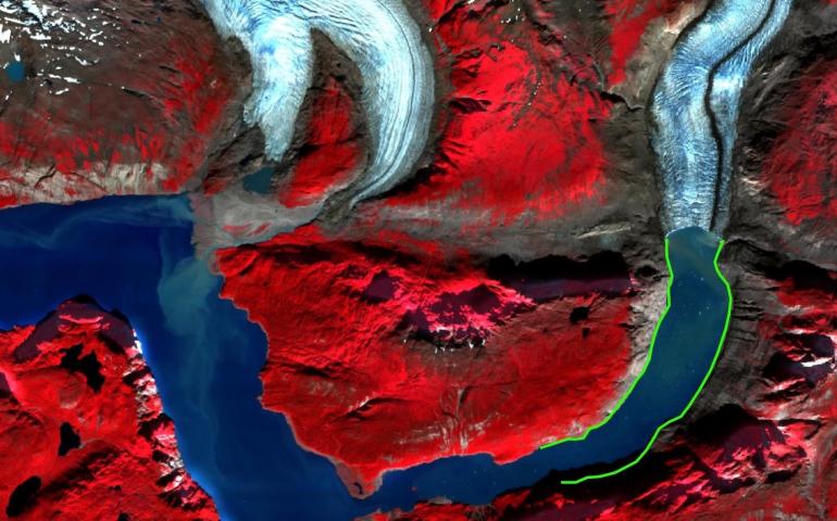 Recent retreat of McBride Glacier in Alaska has led to exposure of 5.25 miles of coastline, shown in green in this false color Sentinel-2 satellite image. Image courtesy of Jan Kavan