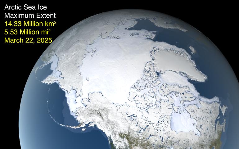 The image shows the ice extent — defined as the total area in which the ice concentration is at least 15% — at its 2025 maximum, which occurred on March 22. NASA illustration by Trent L. Schindler