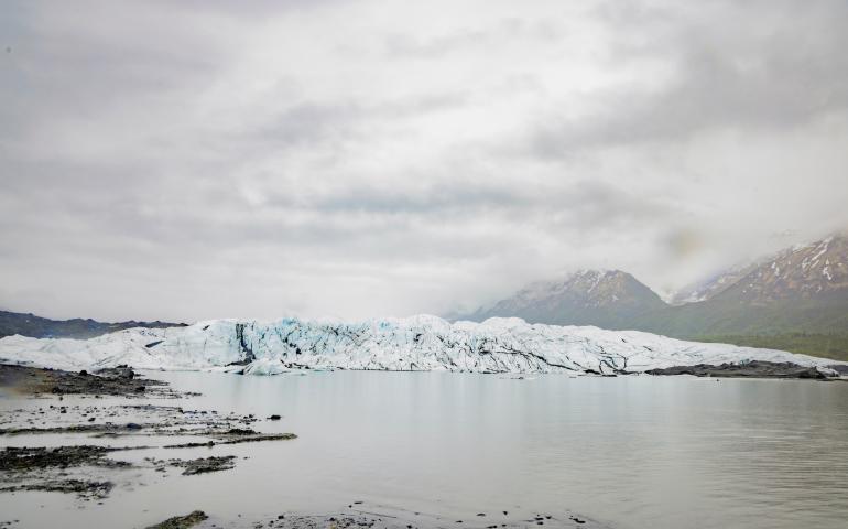 Matanuska Glacier, about 100 miles northeast of Anchorage, terminates in a lake in June 2024. UAF photo by Leif Van Cise