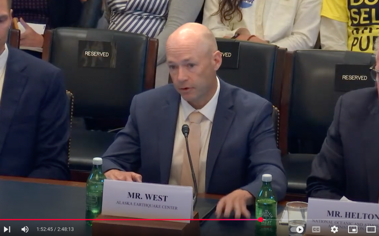Alaska Earthquake Center Director Michael West testified at a congressional subcommittee hearing on May 20, 2025, regarding bills for volcano, earthquake and landslide hazard programs. Photo taken from subcommittee video.
