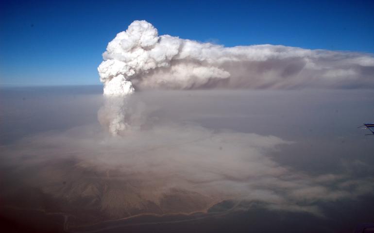 A steam plume with minor ash extends northeast from Augustine Volcano on Jan. 30, 2006. Photo by R.G. McGimsey/Alaska Volcano Observatory/U.S. Geological Survey 