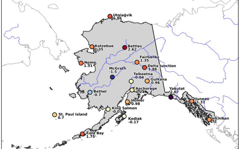Monthly mean temperature departure from normal, July 2025, at selected stations in Alaska. A technical issue in Yakutat is causing erroneously high temperature readings at the station.