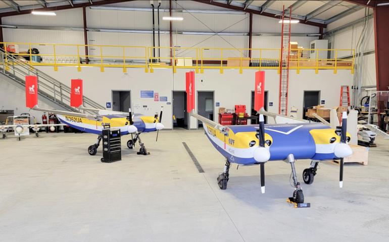 Two Windracers ULTRA aircraft, which ACUASI purchased to test cargo deliveries and emergency responses to remote Alaska locations, occupy a hangar in Nenana. Photo by Jason Williams/ACUASI