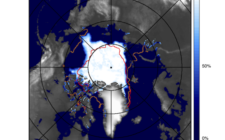  This map of Northern Hemisphere sea ice concentration for Sept. 24, 2025, also shows the contours of the 15% edge during the years with the least extent of ice (in red) and the greatest extent of ice (in orange) during the period from November 1978 to the present. Image courtesy of NASA