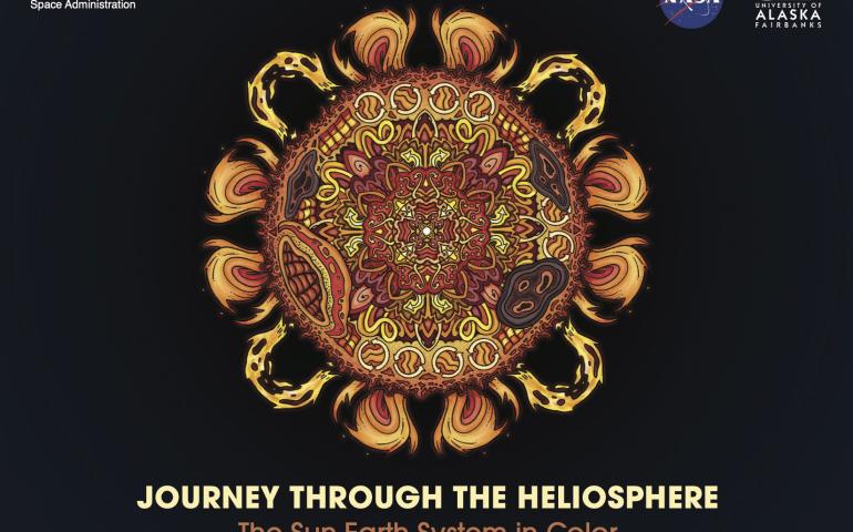 Cover of the book “Journey Through the Heliosphere." The design features a dark background with a bright, symmetrical, mandala-like illustration in warm colors (orange, red, and yellow) representing the sun and solar system processes. 