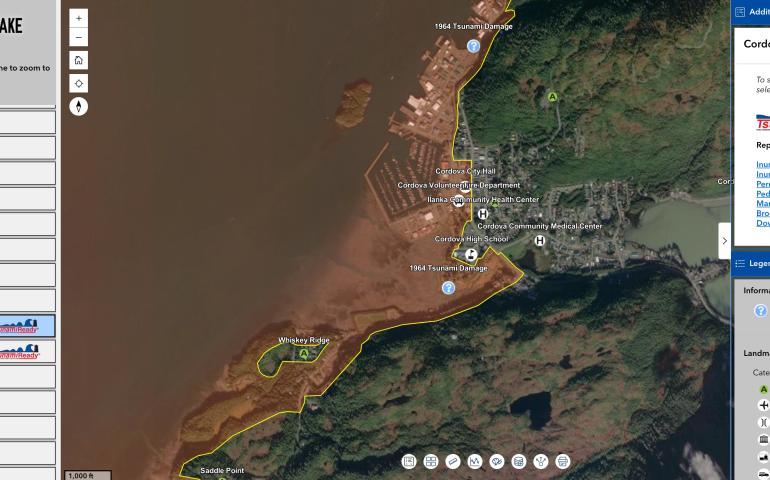 Screenshot of the Alaska Earthquake Center’s interactive tsunami hazard map centered on Cordova, Alaska. A satellite image shows the community, harbor and surrounding forested terrain, with a yellow boundary tracing the tsunami hazard area along the shoreline. 