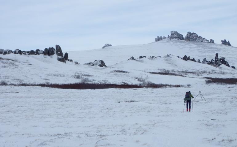John Shook of Fairbanks skis toward Serpentine Hot Springs on the Seward Peninsula. Photo by Ned Rozell.