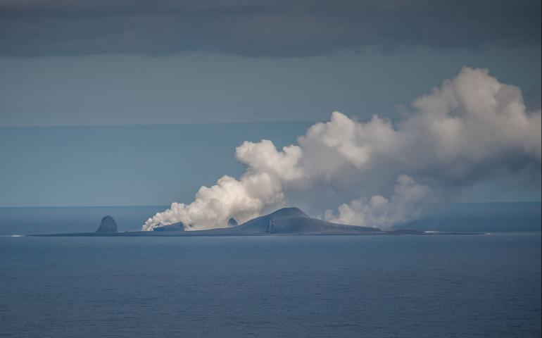 Bogoslof Island erupting in August, 2017, one year before scientists were able to visit. Photo by Dave Withrow, NOAA/Fisheries.