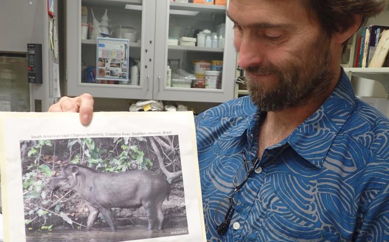 Patrick Druckenmiller of the UA Museum of the North holds the fossilized jaw of a tapir discovered near Homer by a 5-year-old last year. Photo by Ned Rozell.