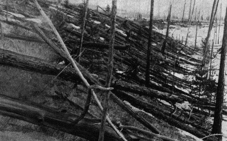 A photo from the Leonid Kulik expedition to the Tunguska region of Russia in 1929. A meteorite or comet knocked down millions of trees in one of the largest space-object-meets-Earth events in recorded history. Credit: Leonid Kulik Expedition, St. Petersburg Museum.