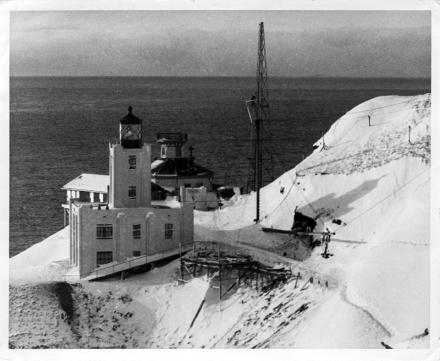  Scotch Cap Lighthouse, on the southwest shore of Unimak Island, before the giant wave of April 1, 1946. Photo courtesy NOAA/NGDC, Coast Guard