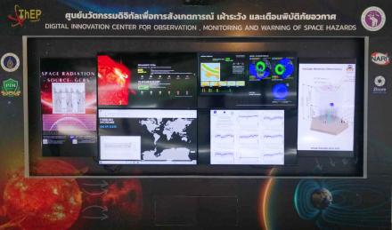 The Space Weather Monitoring War Room at Chiang Mai University, Thailand, with a combination of data sources including neutron detections corresponding to the incoming cosmic rays, the IceCube project for detecting neutrinos, and the Geophysical Institute aurora forecast for auroral analysis. Photo courtesy Chiang Mai University