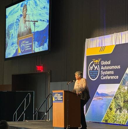 Pat Pitney, University of Alaska president, addressed the Global Autonomous Systems Conference Friday, Aug. 11. UAF/GI photo courtesy of Rod Boyce