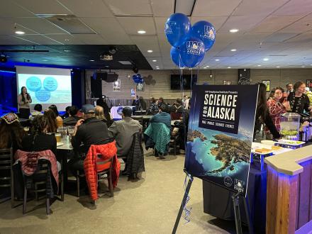 Harper Baldwin is a master's student studying coastal hazards and flooding with the Arctic Coastal Geoscience Lab in the GI. She spoke about her thesis research focusing on assessing historical and predicted flood hazards on St. Paul Island and Goodnews Bay. Photo by Rebecca Beltran