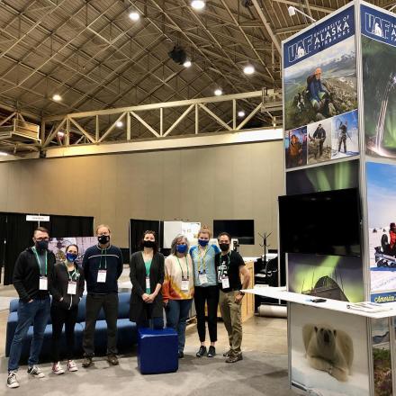 Ken Austin, Samantha Wiser, Bob McCoy, Tanya Clayton, Jami Warrick, Kelly Eagan and Brian Lu assembled the UAF booth at AGU this year. Photo courtesy of Tanya Clayton