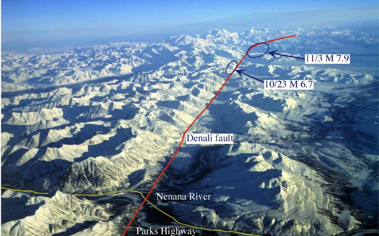  Geologist Wes Wallace of the University of Alaskas Geophysical Institute took this photo of the Denali Fault before the earthquake. The red line represents the fault, which runs east toward Mt. Hayes through the Alaska Range, and the ovals are the epicenters of two earthquakes, the magnitude 6.7 earthquake of Oct. 23, 2002, and the Denali Fault earthquake of Nov. 3, 2002. Wes Wallace photo 