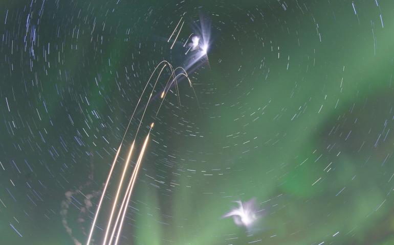 A composite image of four rockets launched from the Poker Flat Research Range in January 2015. Each image is a 30-second exposure. NASA image by Jamie Adkins.