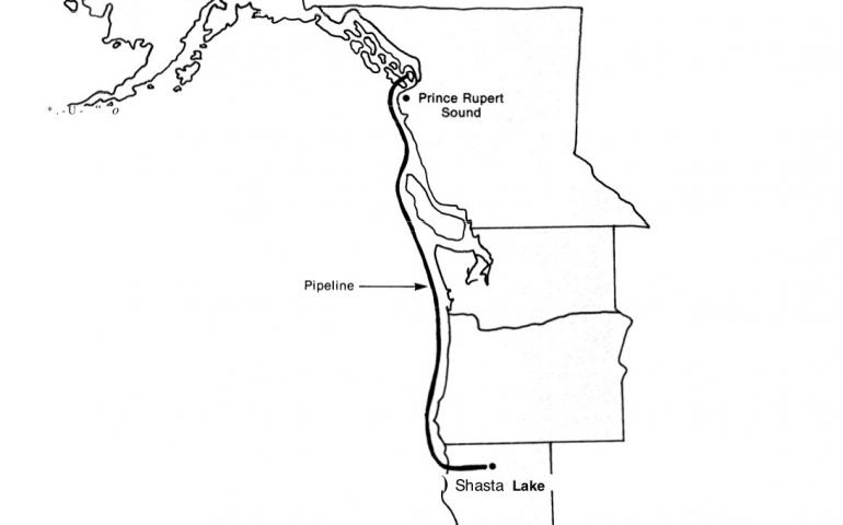 The 1992 proposed route of an undersea water pipeline from the Stikine River in Alaska to northern California. From “Alaskan Water for California? The Subsea Pipeline Option Background Paper,” U.S. Congress Office of Technology Assessment, January 1992.