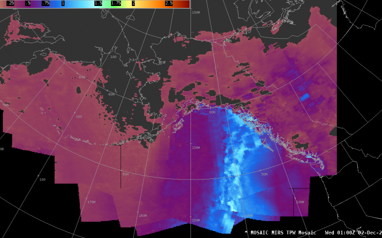 Satellite images reveal the atmospheric river that caused a fatal mudslide in Haines, Alaska, on Dec. 1-2, 2020. The image shows a column of total precipitable water headed to Alaska from south of Hawaii. Geographic Information Network of Alaska image courtesy Carl Dierking.