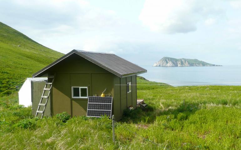 A cabin on Chowiet Island off the Alaska Peninsula in which two biologists were the closest humans to a recent magnitude 8.2 earthquake. Photo by Erik Andersen, U.S. Fish and Wildlife Service.