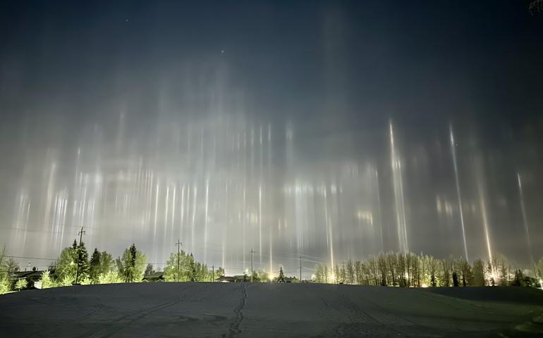 Cindy Bravo saw these light pillars in Fairbanks as she was walking her dog Slick through Bernice Allridge Park on Nov. 11, 2025. Photo by Cindy Bravo.