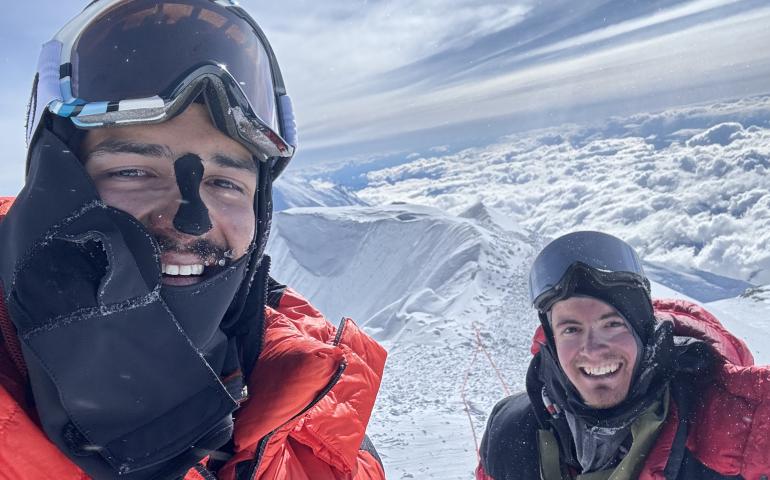 Roger Jaramillo, left, and Matthew Crisafi-Lurtsema stand on the summit of Denali on June 7, 2024. Photo by Roger Jaramillo.