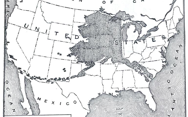 A Guide to Alaska, published in 1943, includes this comparison map of Alaska and the Lower 48 states.