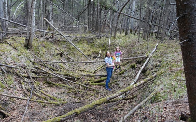 Leanne Bulger stands holding her daughter Violet, 2, next to Rose, 6, within a sunken thawed-permafrost feature called a thermokarst in the boreal forest on the University of Alaska Fairbanks campus on May 22, 2024. Photo by Ned Rozell.