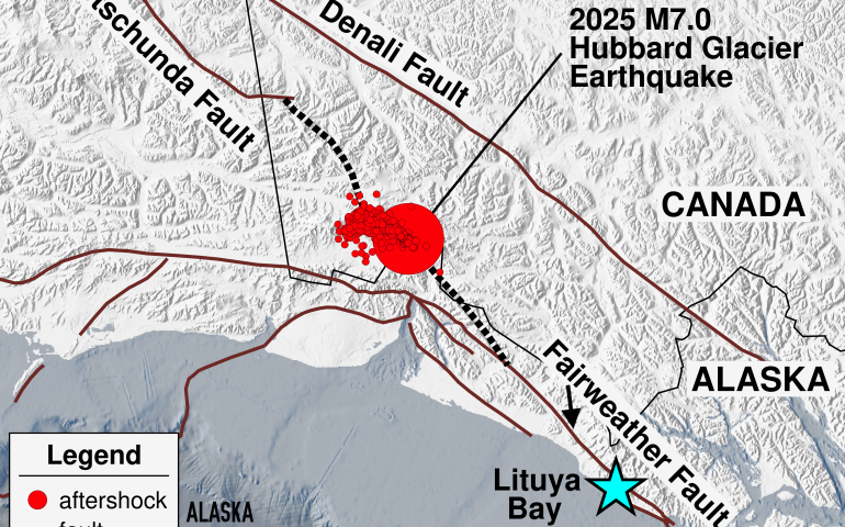Scientists with the Alaska Earthquake Center created this diagram in which red dots represent the Dec. 6, 2025 Hubbard Glacier earthquake and its many aftershocks. The dotted line connecting the Totschunda and Fairweather fault systems represents a possible “connector fault.” 