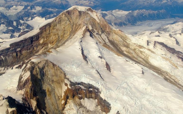 The glaciers and rock of 10,015-foot Iliamna Volcano. Photo by Matt Loewen, Alaska Volcano Observatory.