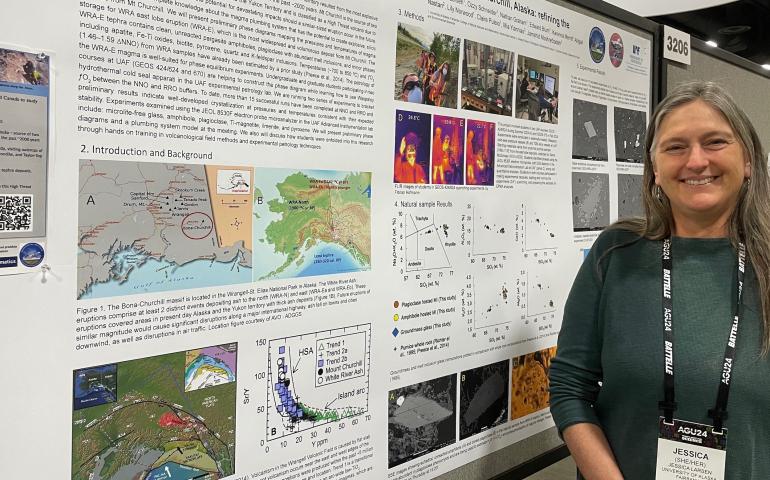 Jessica Larsen of the University of Alaska Fairbanks Geophysical Institute describes her research on Alaska’s Mount Churchill at the Fall Meeting of the American Geophysical Union on Dec. 9, 2024. Photo by Ned Rozell.