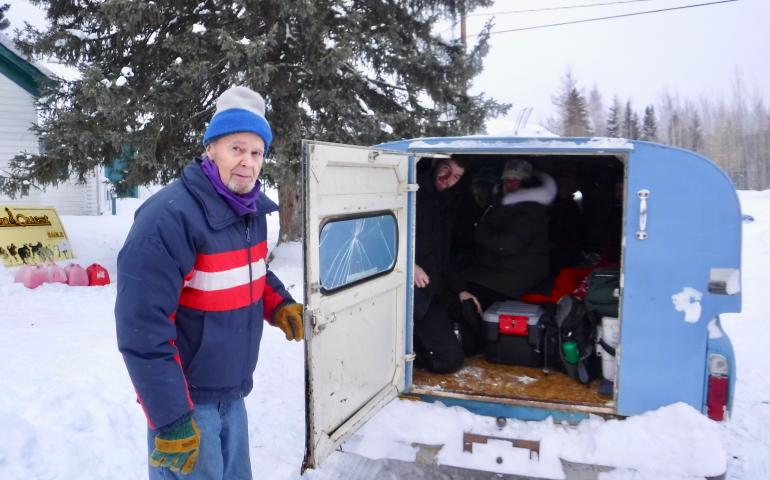 John Borg of Eagle gets ready to transport officials for the Yukon Quest sled dog race to the airstrip in Eagle in his Chevy C-10. Ned Rozell photo. 