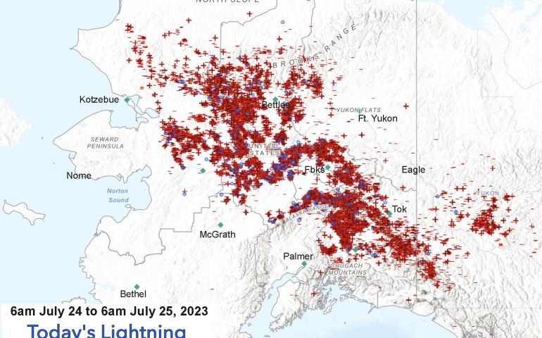 More than 20,000 lightning strikes hit the surface of Alaska from 6 a.m. July 24 to 6 a.m. July 25, 2023. Graphic from the Alaska Interagency Coordination Center.